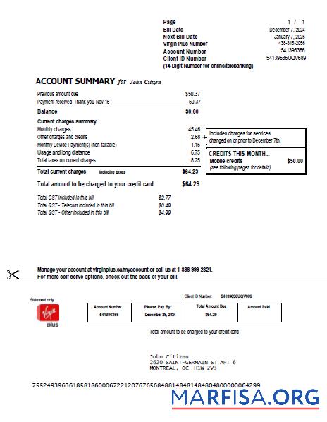 Realistic Canada Virgin Plus utility bill template in Word and PDF formats